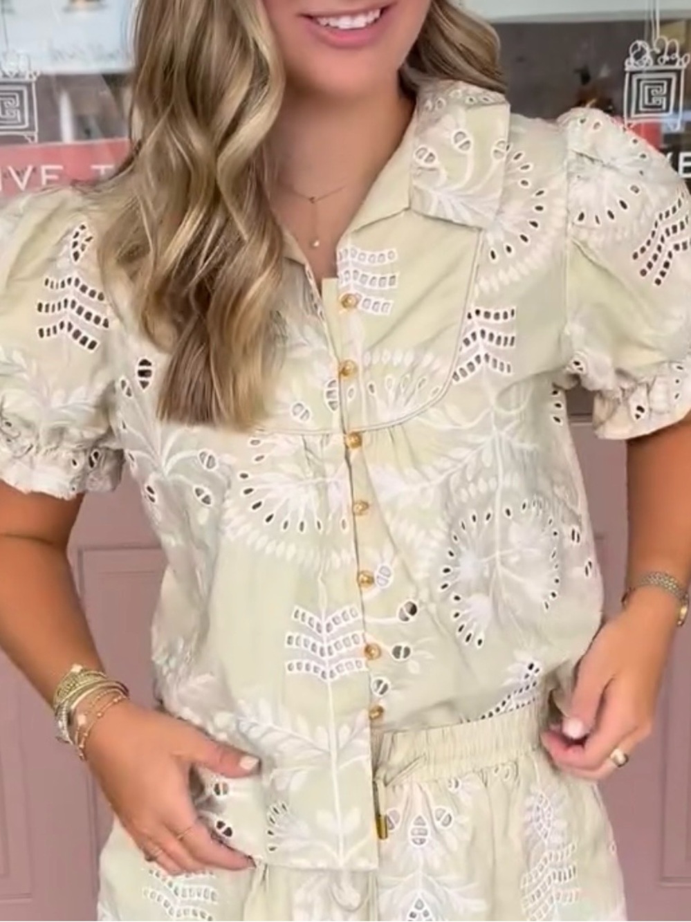 Eyelet Embroidered Cream Puff Sleeve Blouse